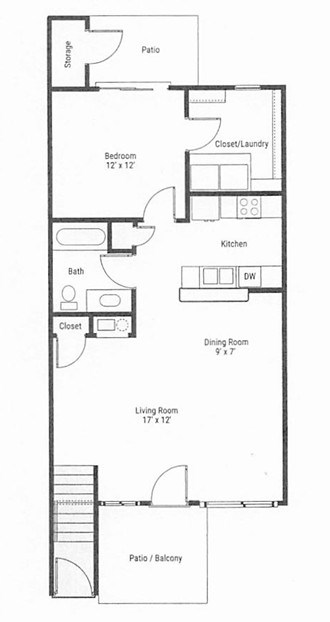 Floor plan for 1 bed, 1 bath, 831 sqft